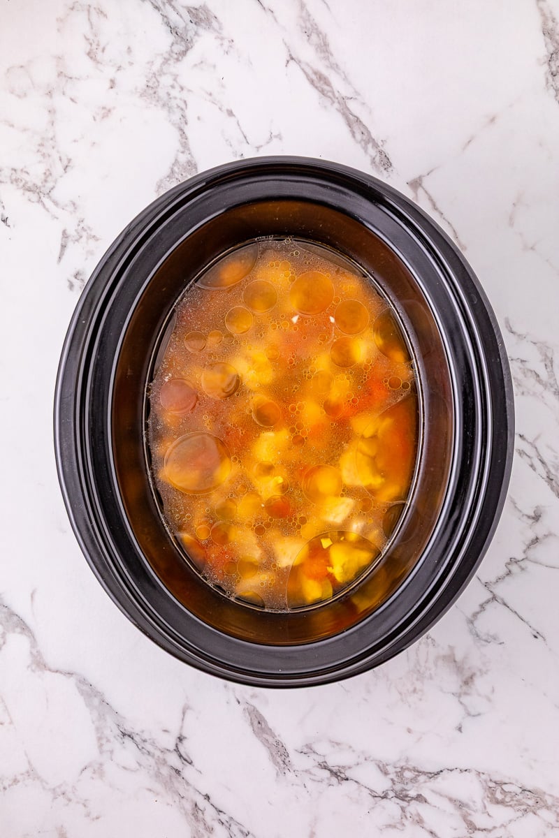 Cooked ingredients in slow cooker.