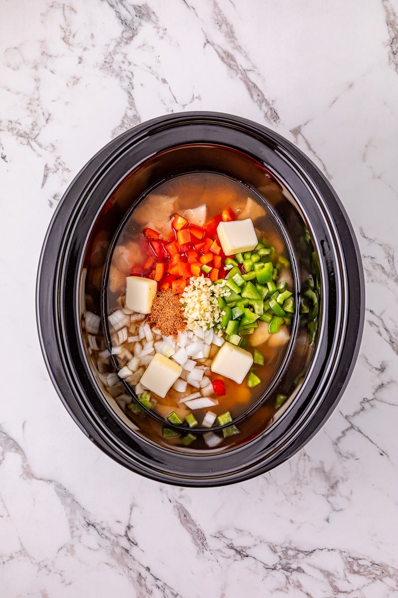 First set of ingredients in slow cooker.