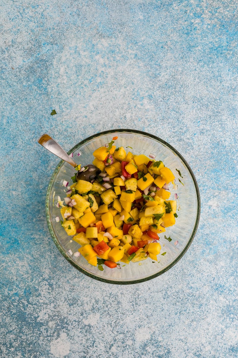 Mixed mango salsa ready to go into the refrigertor.