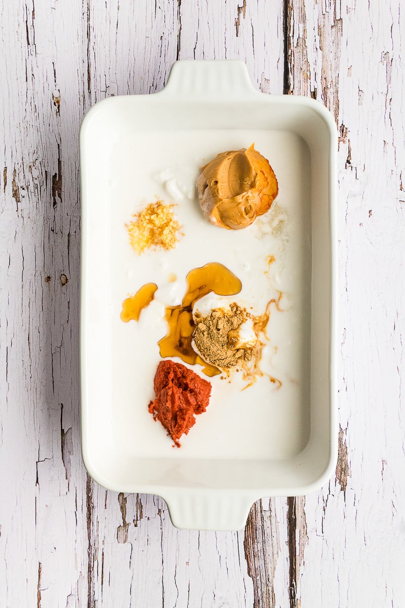 First set of ingredients in 9x13-inch baking dish.