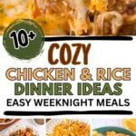 Photo collage with chicken and rice dinner ideas.