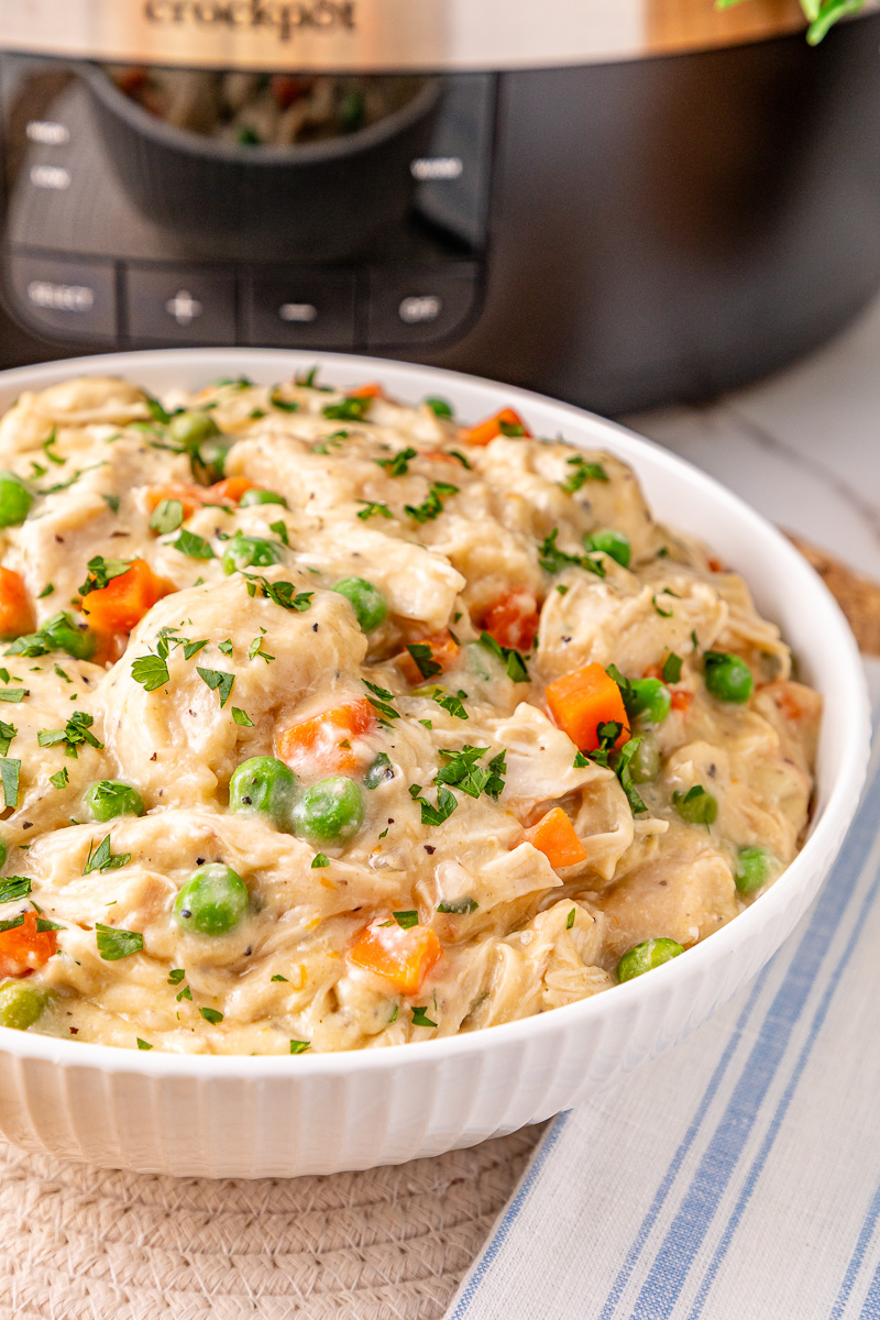 Crockpot chicken and dumplings served in a white bowl.