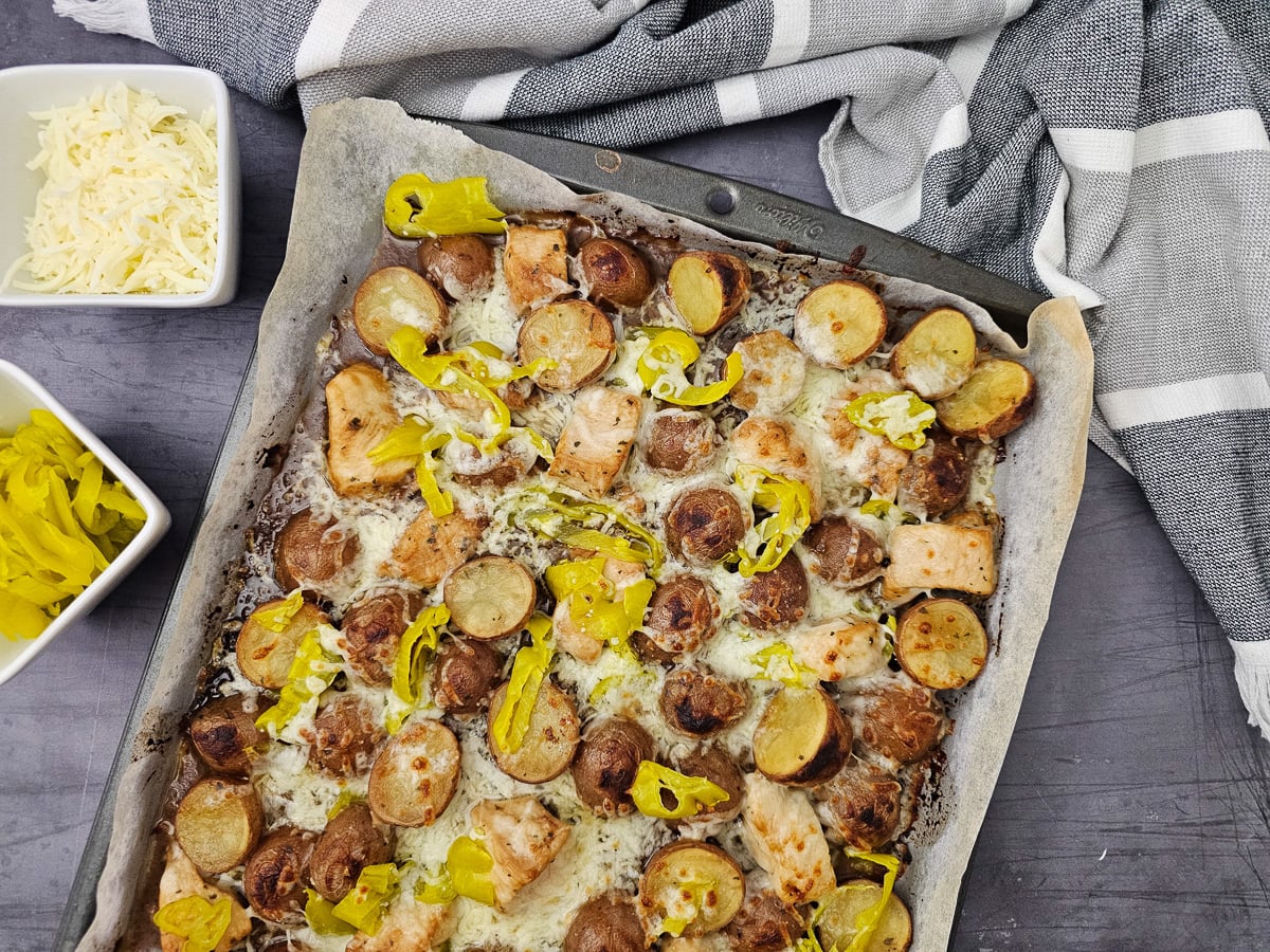 Finished dish of sheet pan Mississippi chicken ready to serve.