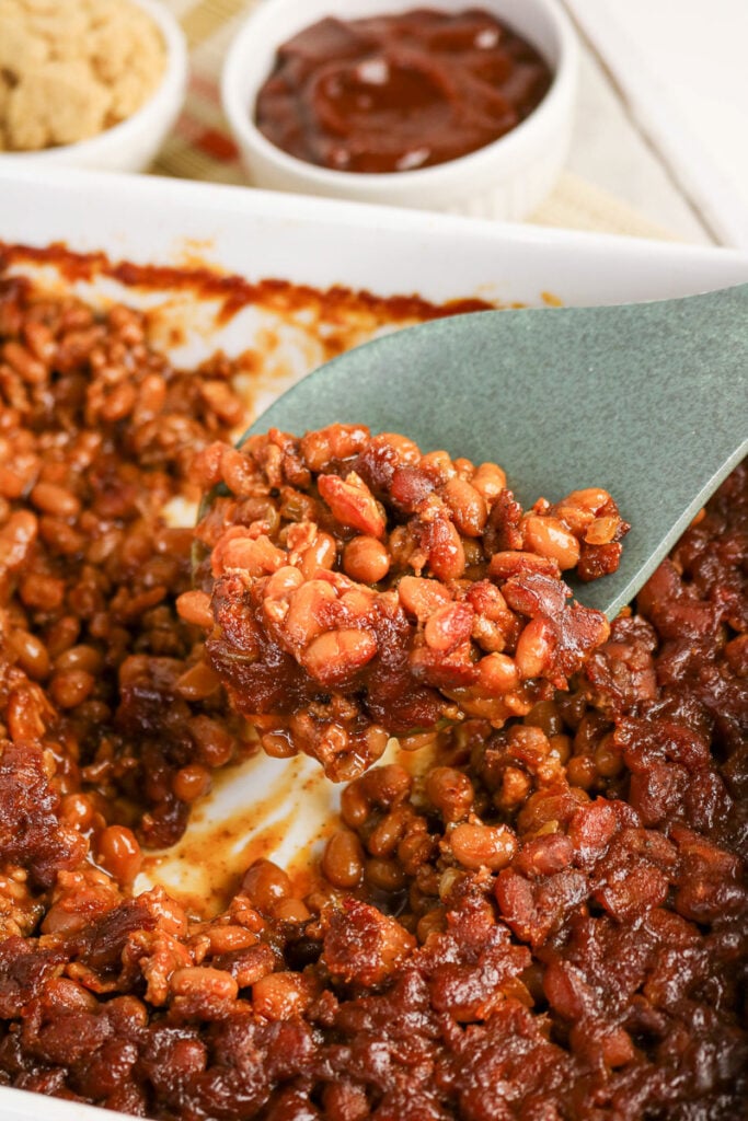 Cowboy baked beans in dish.