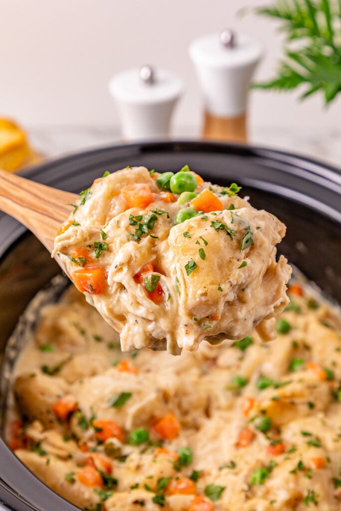 Scoop of chicken and dumplings held over slow cooker.