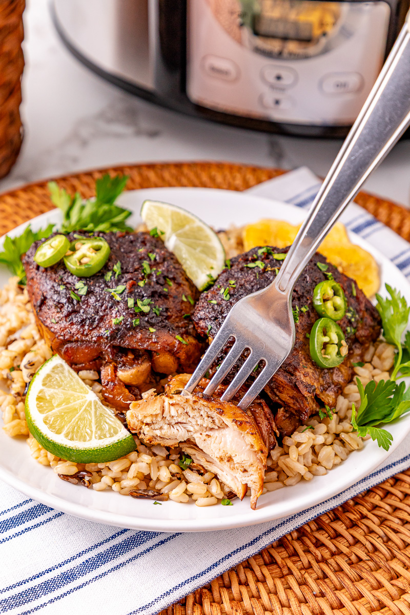 Bite of chicken thighs on a fork held over plate with chicken and rice.