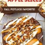 Chocolate covered caramel apple slices on wire cooling rack.