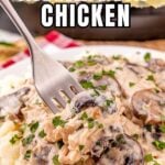 Crockpot cream of mushroom chicken served on a bed of mashed potatoes.