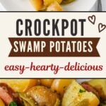 Photo collage with crcokpot swamp potatoes on a white plate.