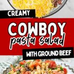 Cowboy pasta salad in a glass bowl.