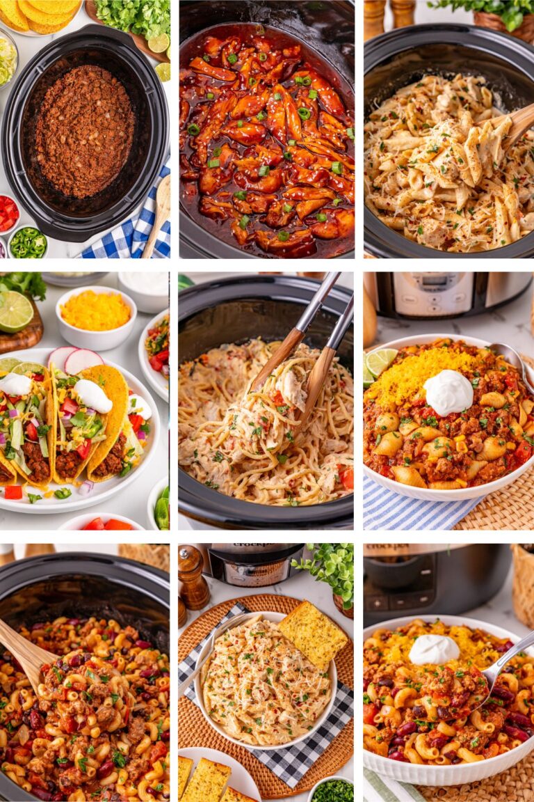 Photo collage with crockpot recipes that are ready in four hours or less.