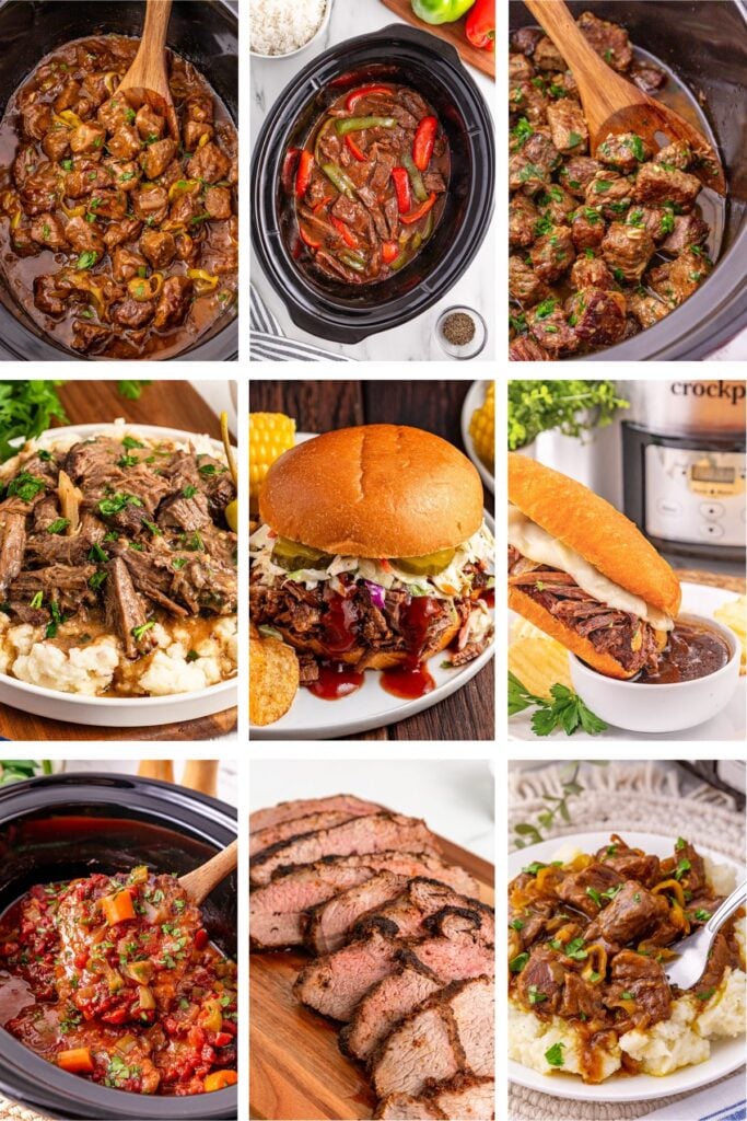 Photo collage with beef dinner recipes.