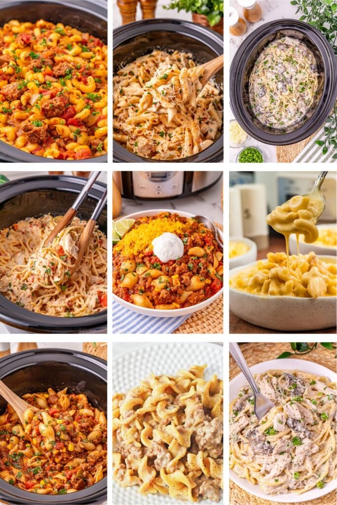 Photo collage of crockpot pasta dinner ideas.