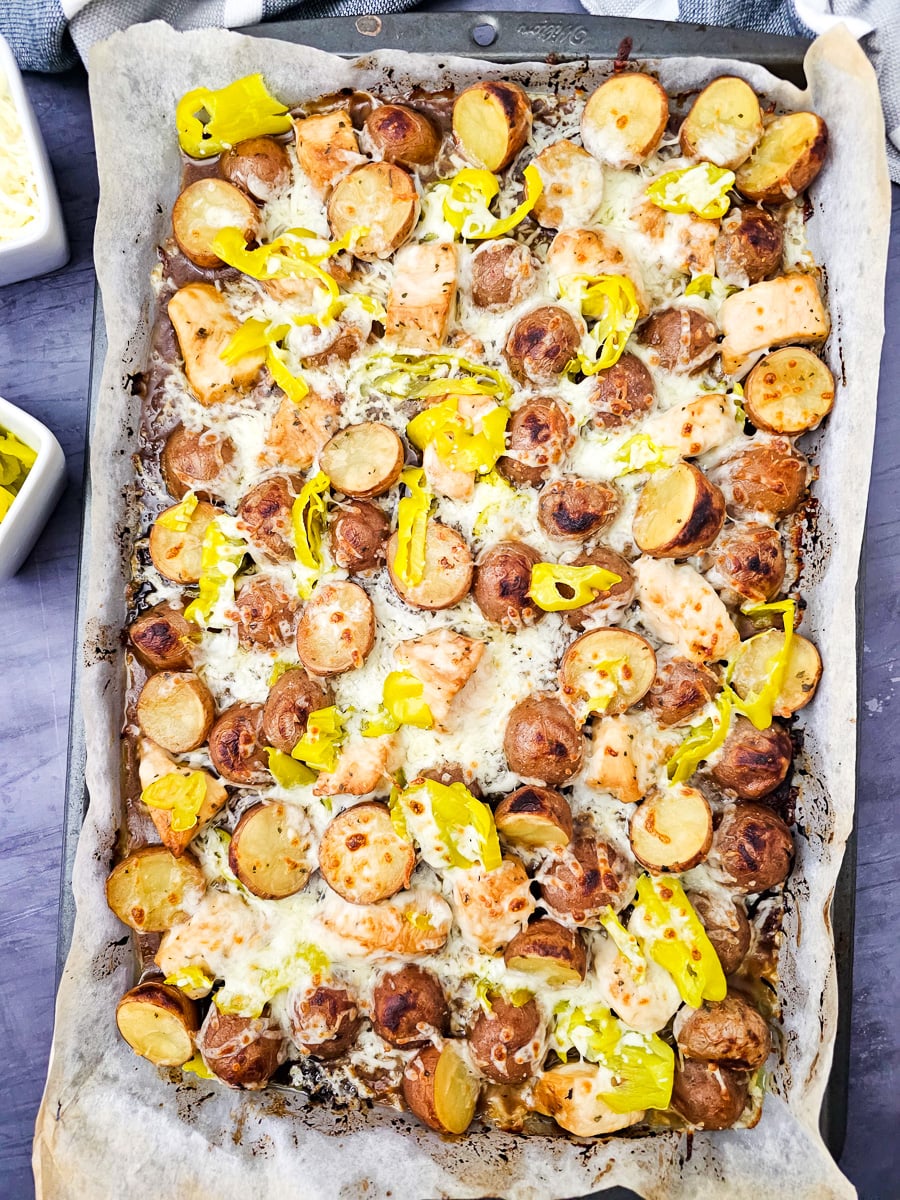 Sheet pan Mississippi chicken and potatoes on sheet pan ready to be served.
