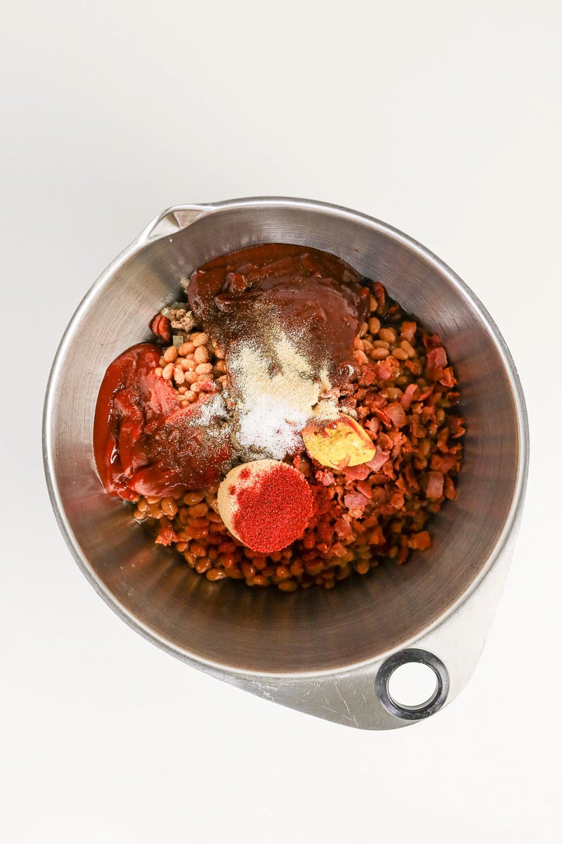 Beans and remaining ingredients are added to Dutch oven.