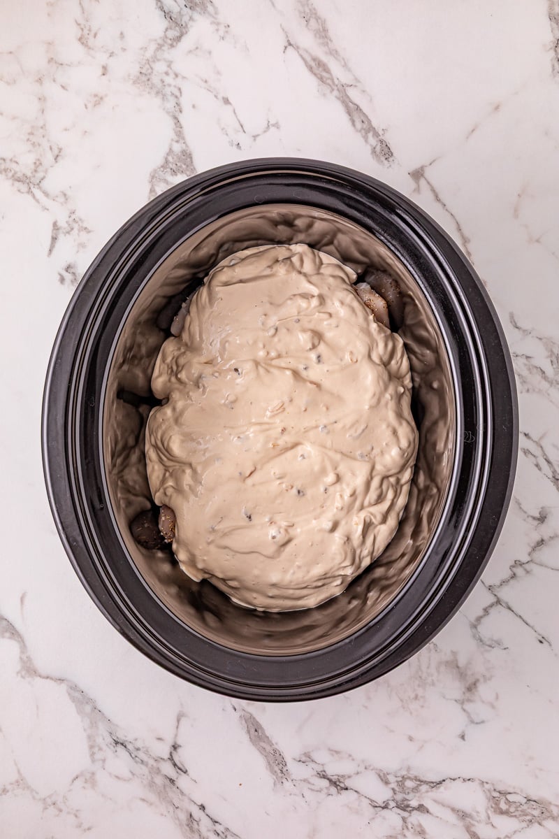Mushroom soup mixture is spread on top of the chicken in slow cooker.
