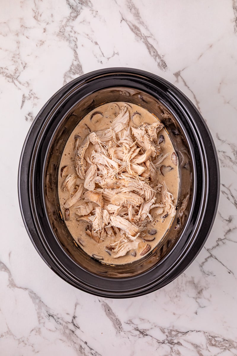 Shredded chicken is stirred back into the sauce in slow cooker.