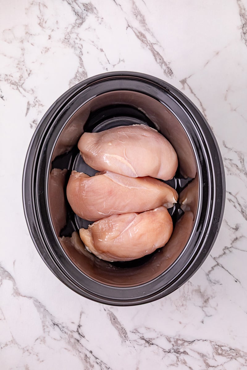 Chicken breast in bottom of slow cooker.