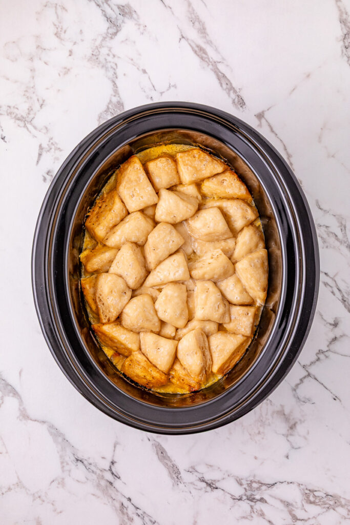 Cooked crockpot chicken and dumplings finished dish, ready to serve.