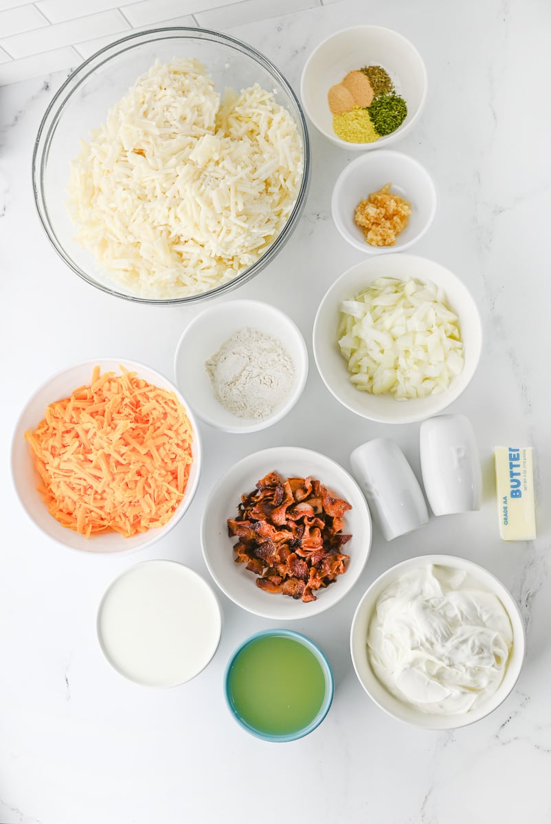 Ingredients for recipe in small bowls on kitchen counter.