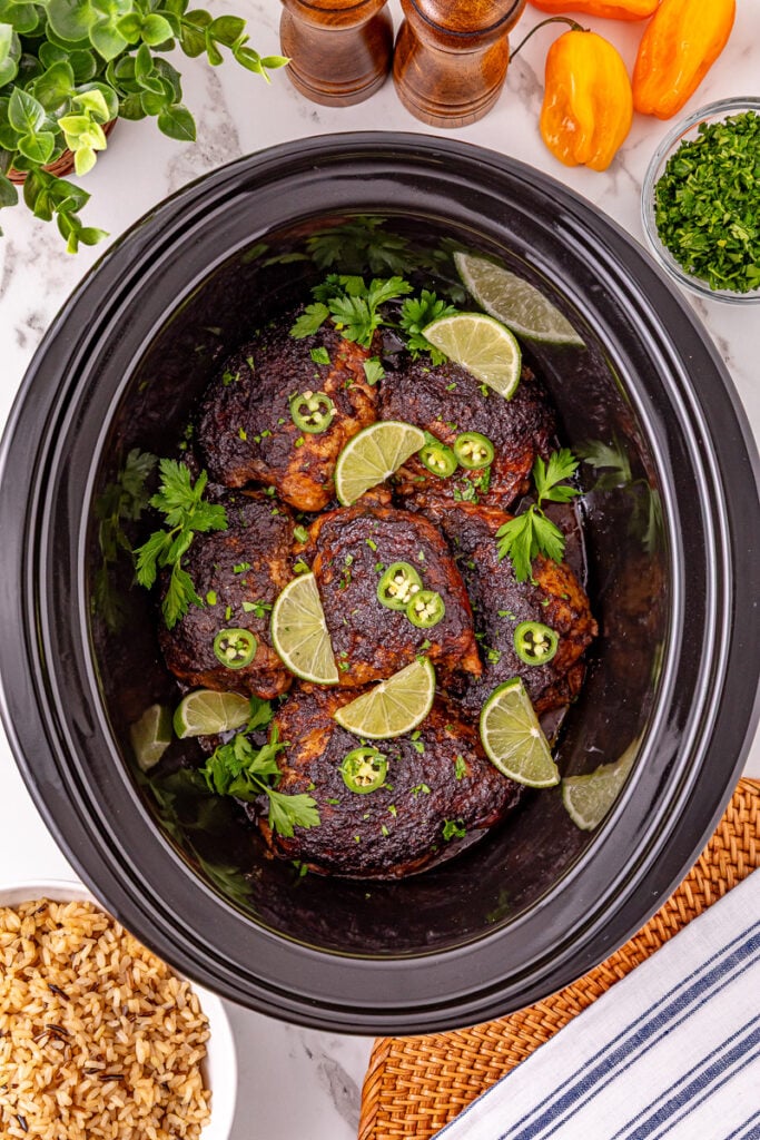 Crockpot jerk chicken thighs finished dish ready to be served.