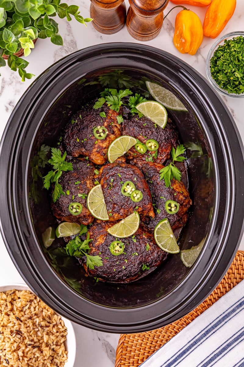 Crockpot jerk chicken thighs finished dish ready to be served.