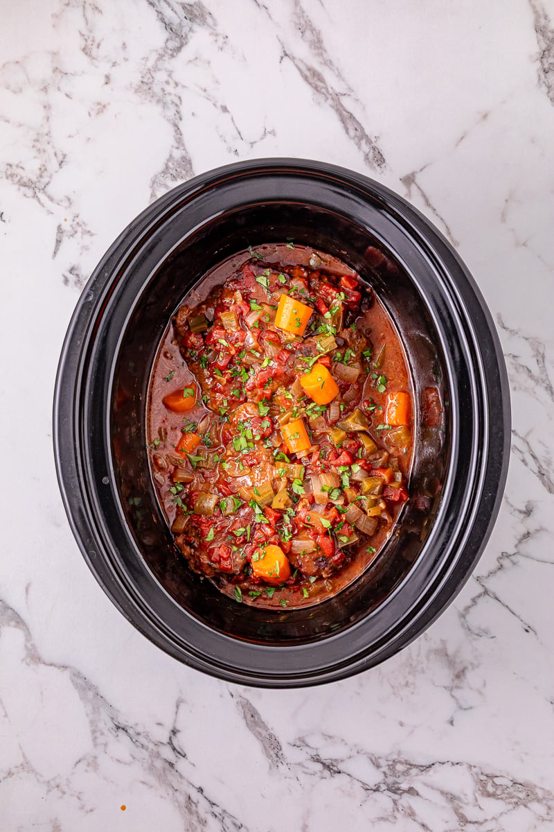 Finished dish of swiss steak, ready to be served.