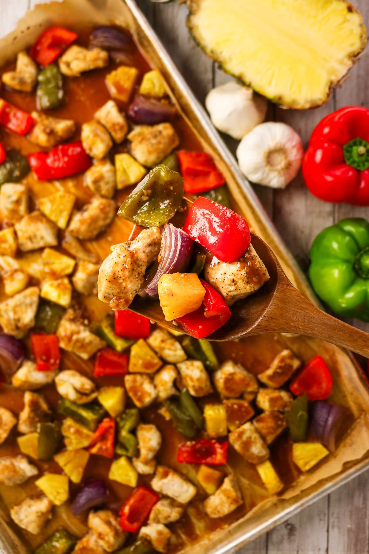 Finished dish of Hawaiian sheet pan chicken ready to be served.