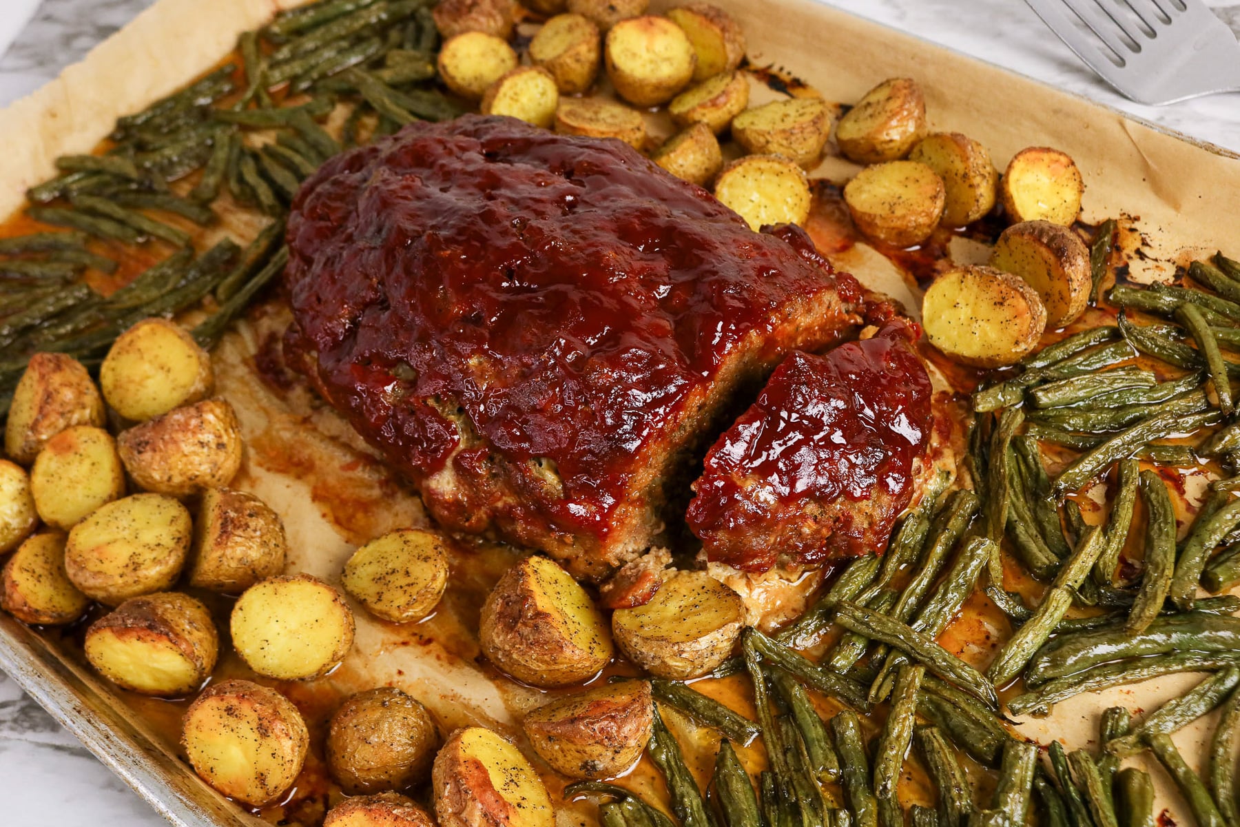 Finished sheet pan dinner ready to be served.