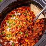 Crockpot turkey chili in slow cooker ready to be served.