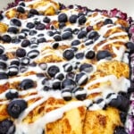Blueberry cinnamon roll casserole in baking dish ready to be served.