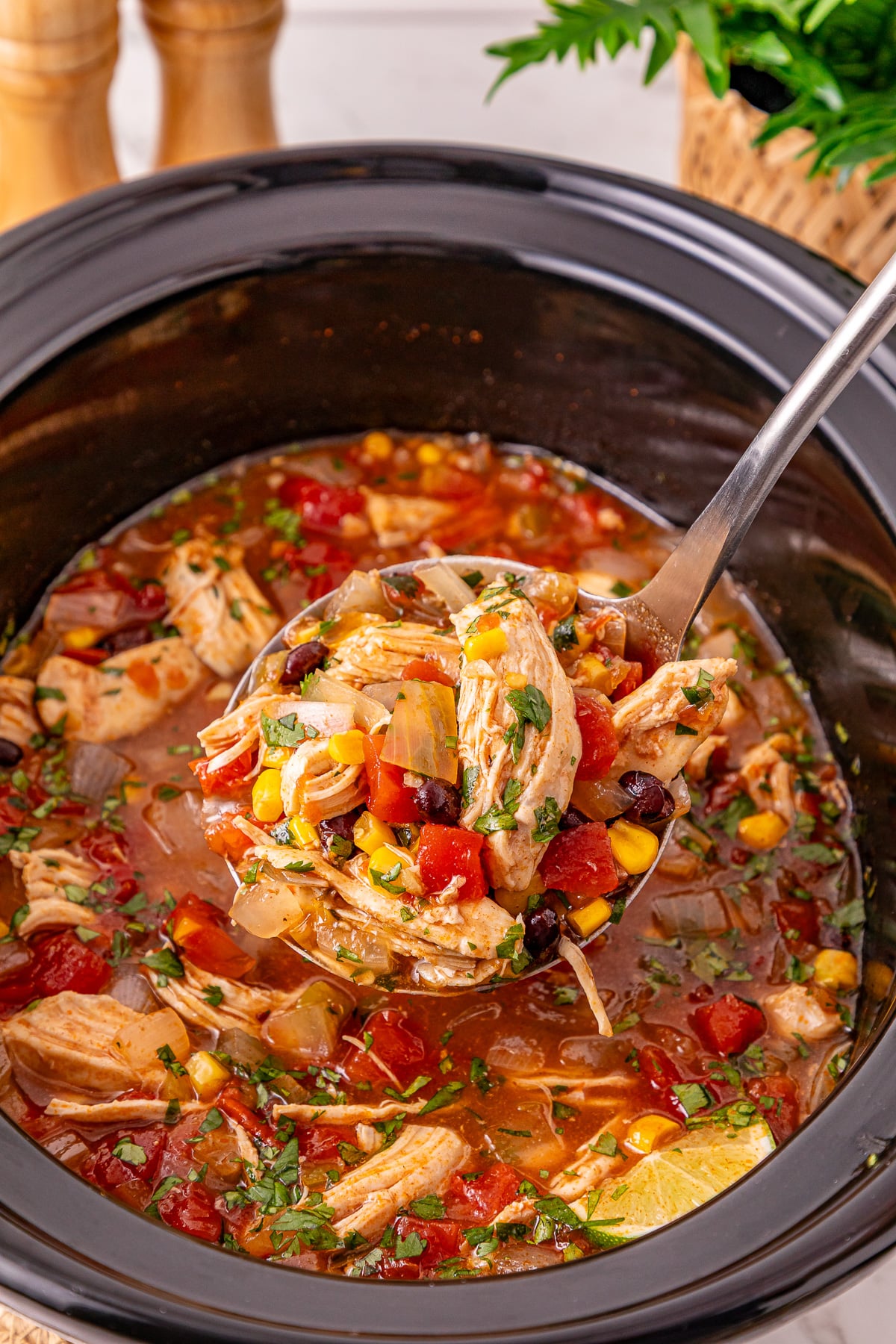 Side view of crockpot chicken enchilada soup in slow cooker ready to be served.