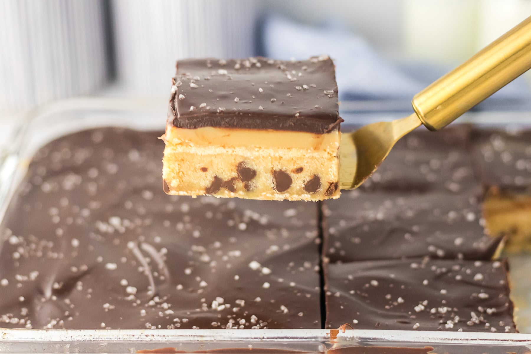 Chocolate chip millionaire bars on serving spoon.