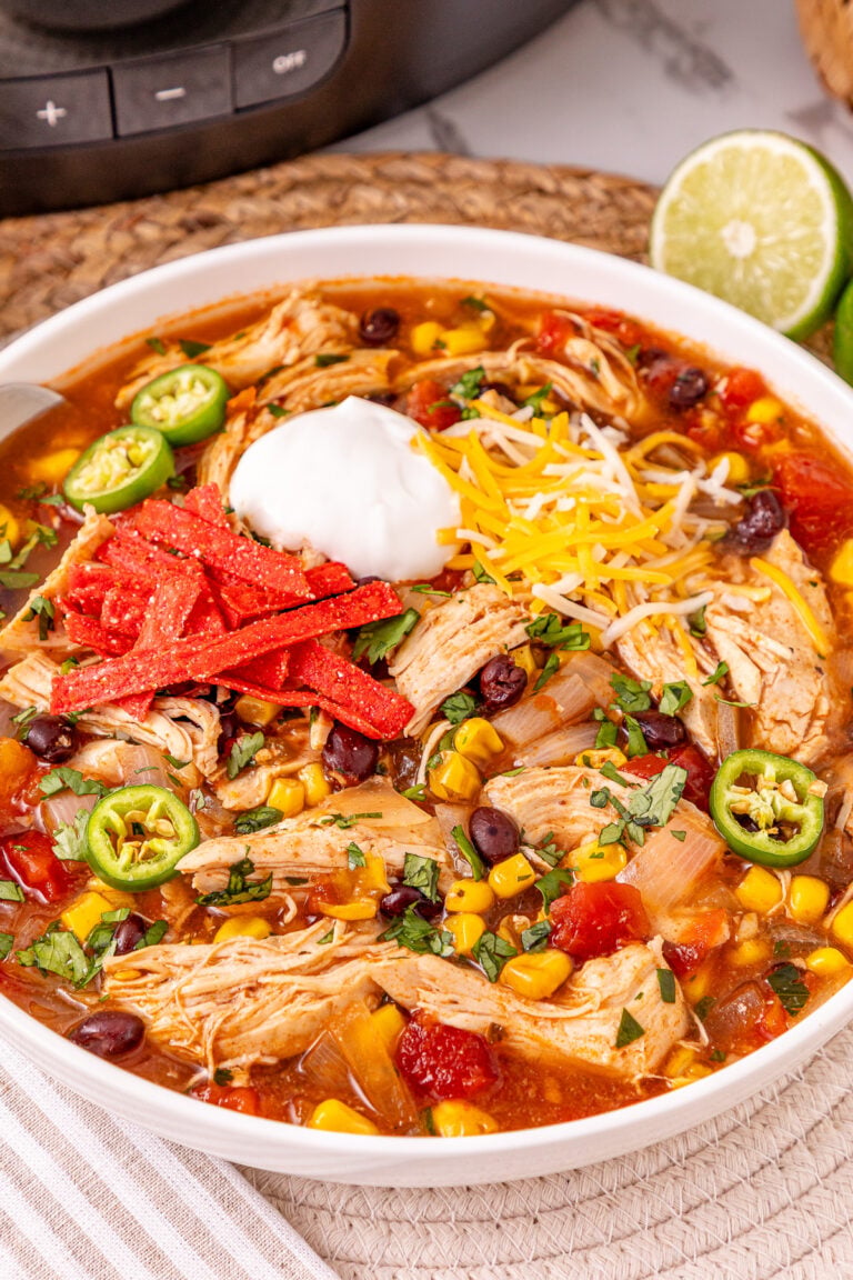 Chicken enchilada casserole in a white oblw, garnished with tortilla strips, sour cream and sliced jalapenos.