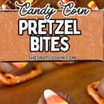 Photo collage with candy corn pretzel bites on a wooden serving board.