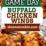 Photo collage with buffalo chicken wings served on a white plate for a football party.