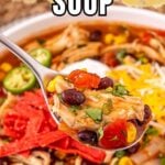 Crockpot chicken enchilada soup served in a white bowl.