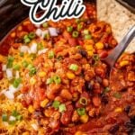 Crockpot turkey chili in slow cooker ready to be served.