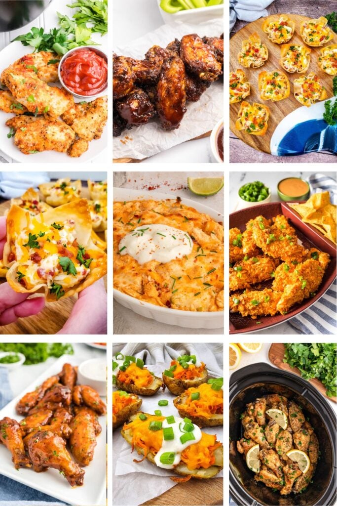Photo collage with chicken appetizers.