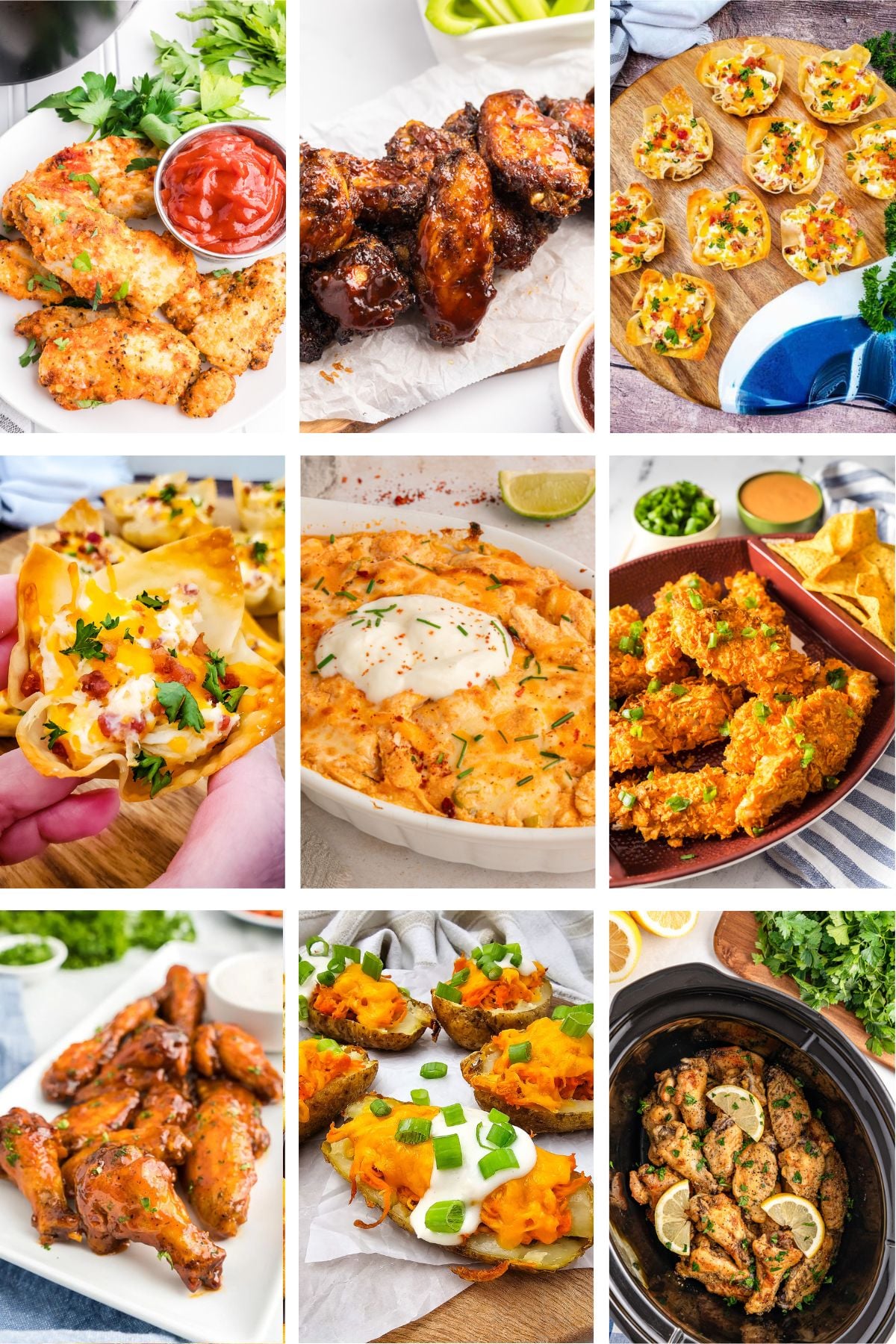 Photo collage with chicken appetizers.