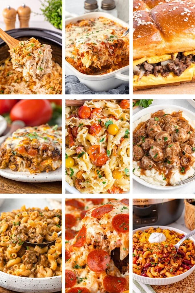 Photo collage with school night dinner ideas for busy families.