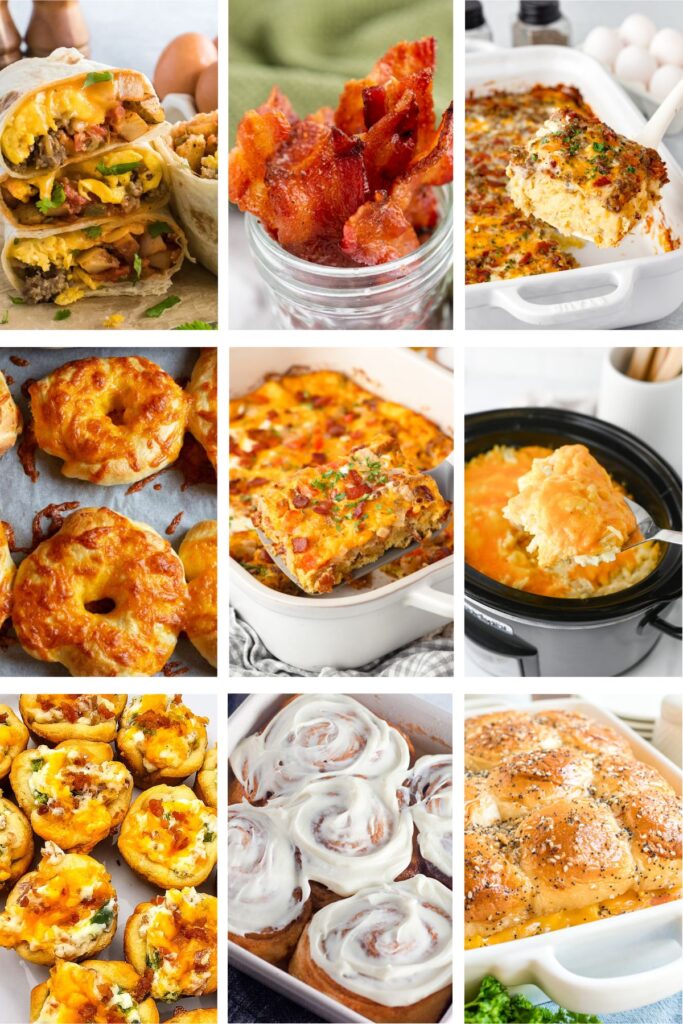 Photo collage with breakfast tailgate food ideas.