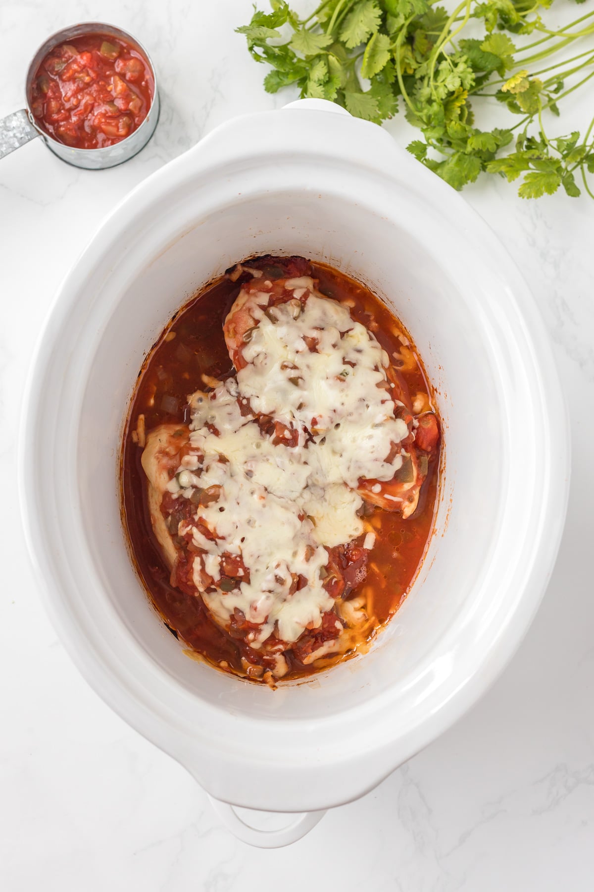 Cooked dish of salsa chicken in crockpot, ready to be served.