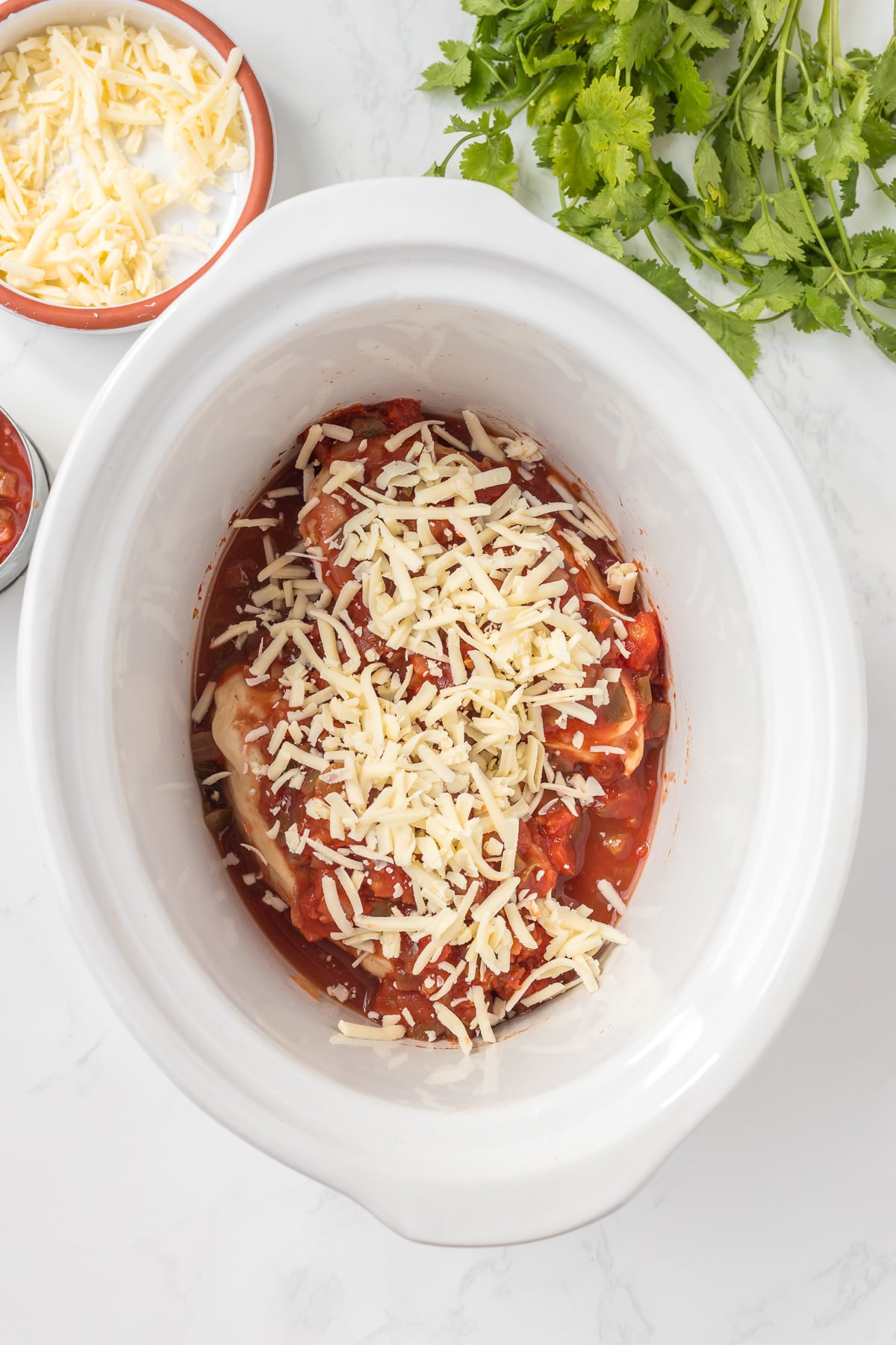 Shredded cheese is sprinkled on top of the chicken.