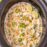 Crockpot white chicken chili in slow cooker ready to be served.