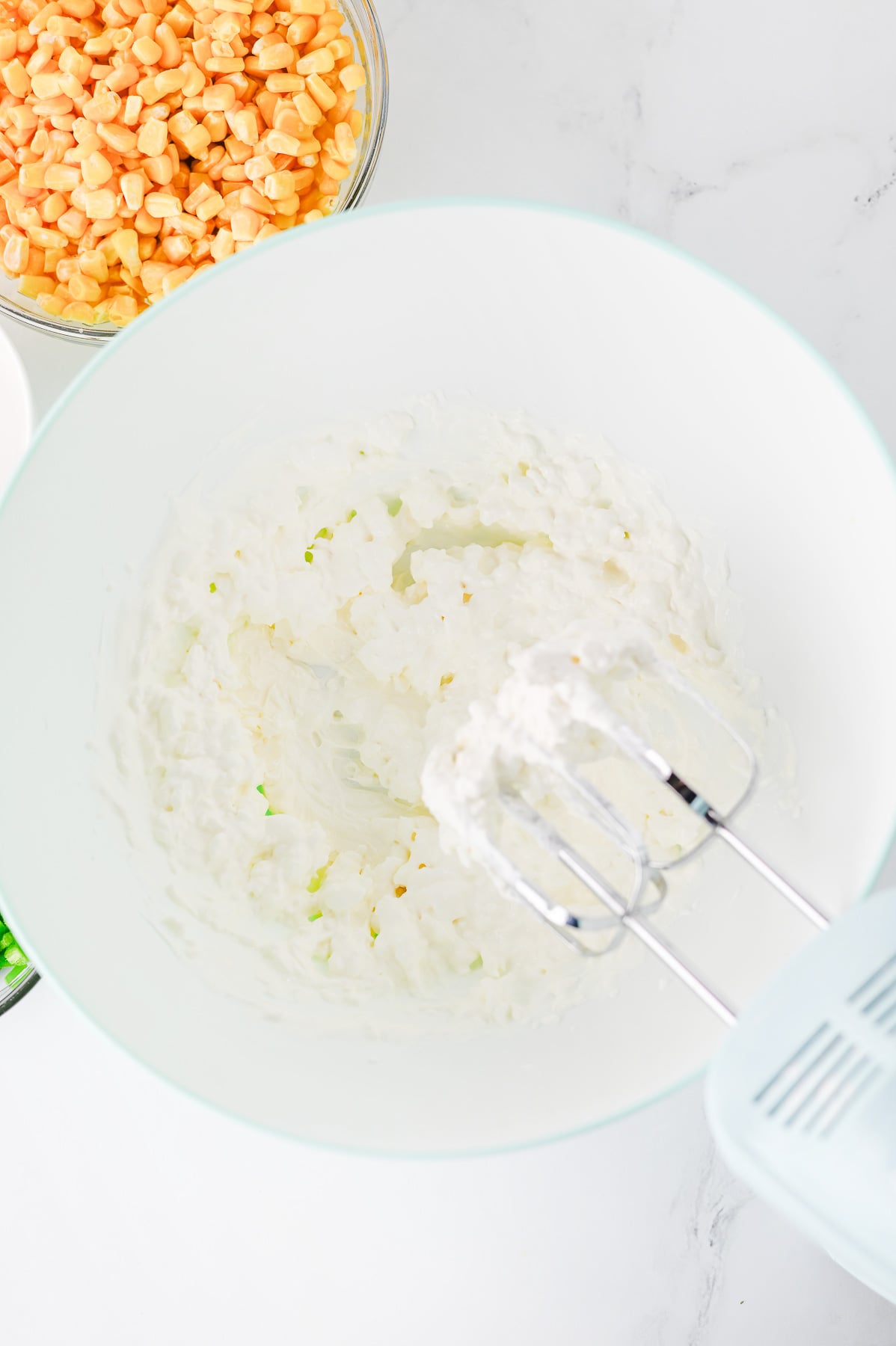 Cream cheese mixture in glass bowl.
