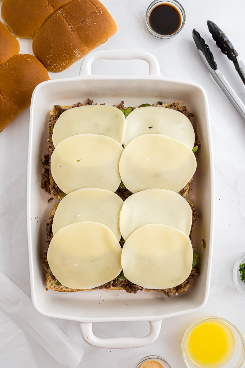 Cheese is placed on top of the beef mixture.