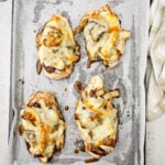 Sheet pan bourbon smothered chicken on sheet pan.