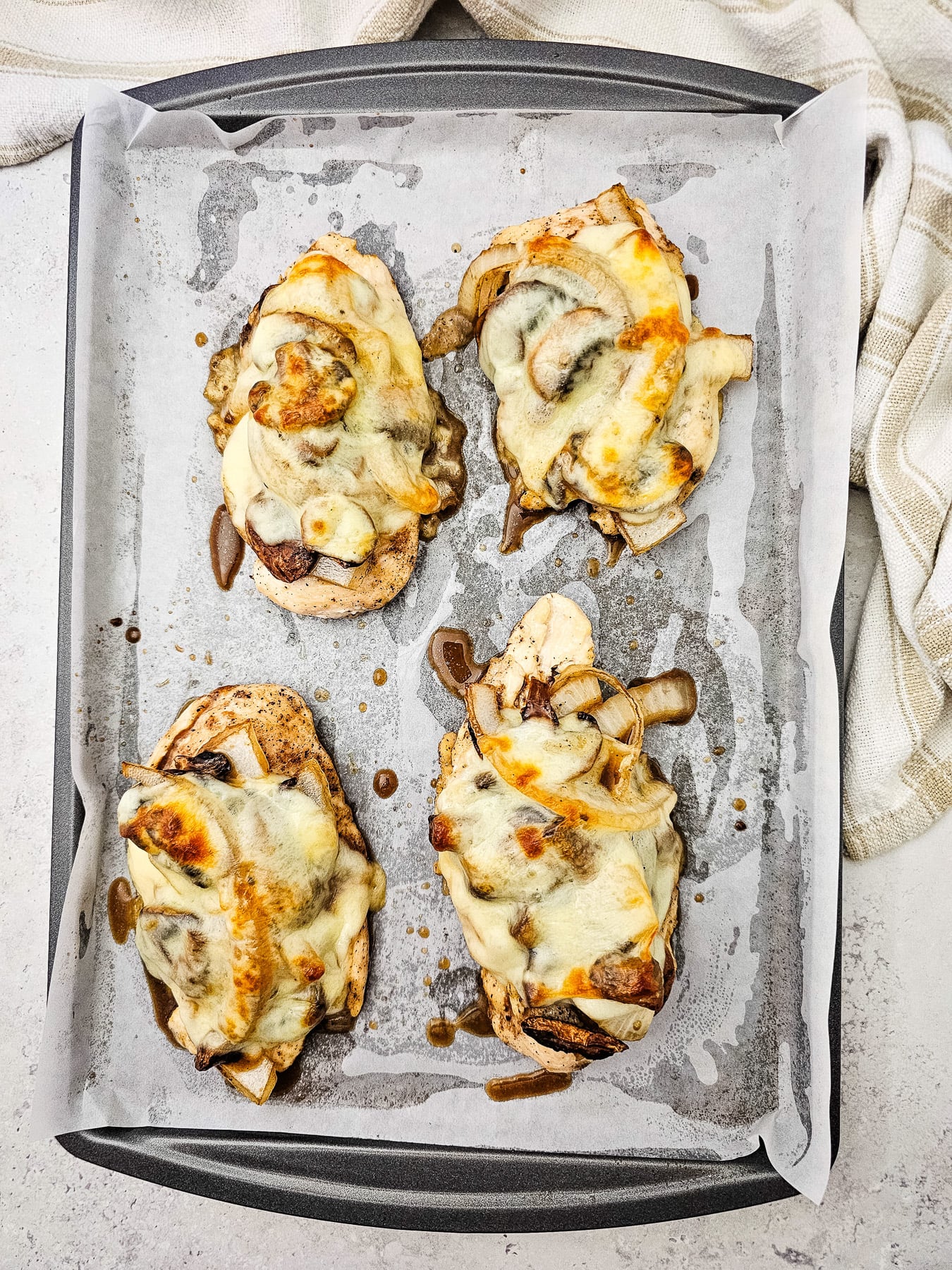 Sheet pan bourbon smothered chicken on sheet pan.