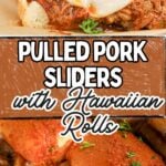 Pulled pork sliders on a wooden serving board.